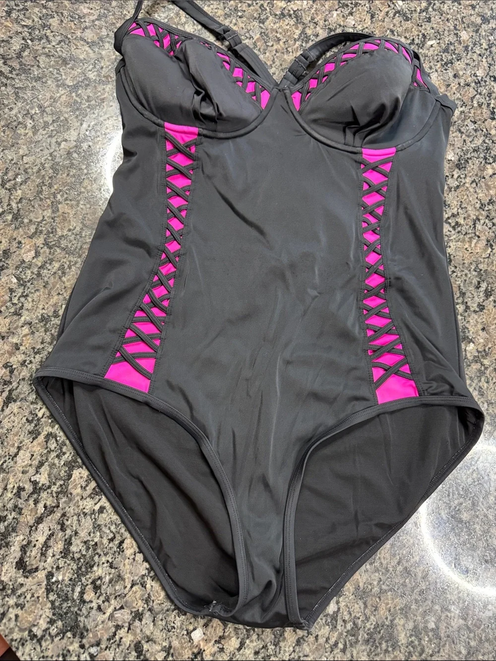 torrid Black One-Piece Swimsuit with Pink Lattice Accents EUC 2X